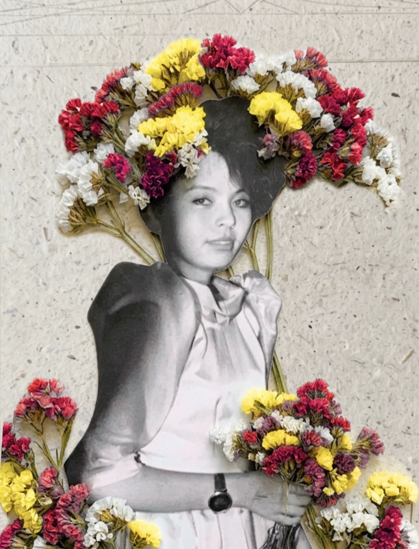 Collage floral con retrato femenino y flores secas